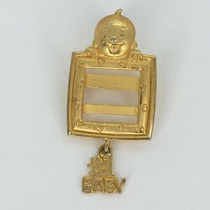 Vintage Signed JJ Pin/Brooch, Gold Tone Photo Frame w/#1 Baby Charm Dangle